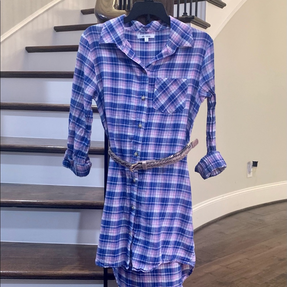 Girls’ Button-Down Shirt Dress, Pink and Blue